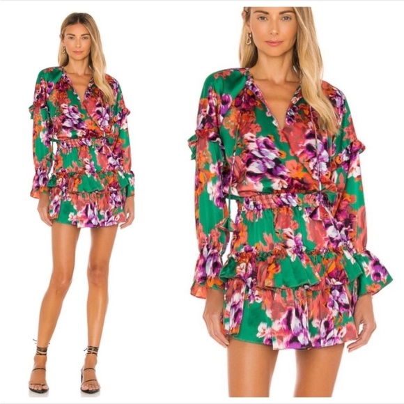 Misa Los Angeles Dresses & Skirts - Misa Los Angeles green and purple cinched Floral mini long sleeve Dress